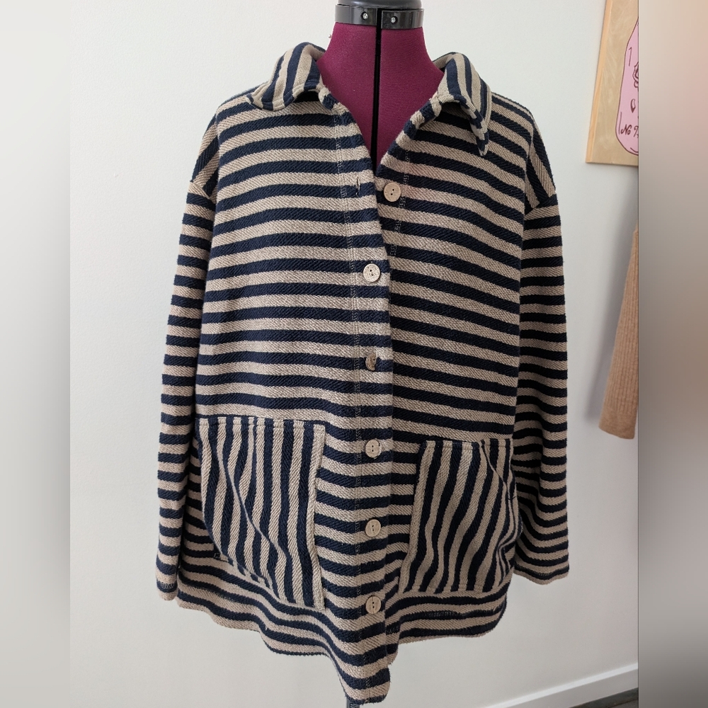 Free People Lora Cardi Navy And Tan Striped Cardigan Jacket Size Large